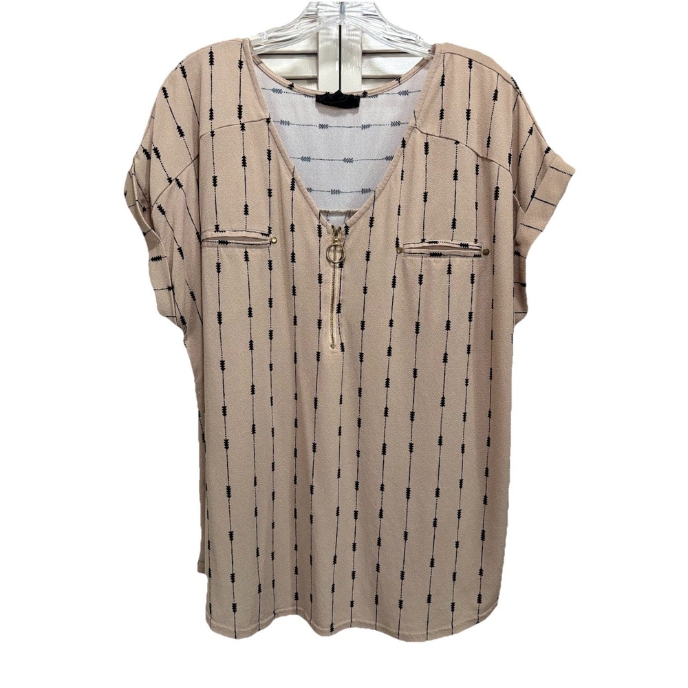 Flower & Feather Tan/Black Arrows Zip Cap‎ Sleeve Blouse Size 2XL Faux Pockets
